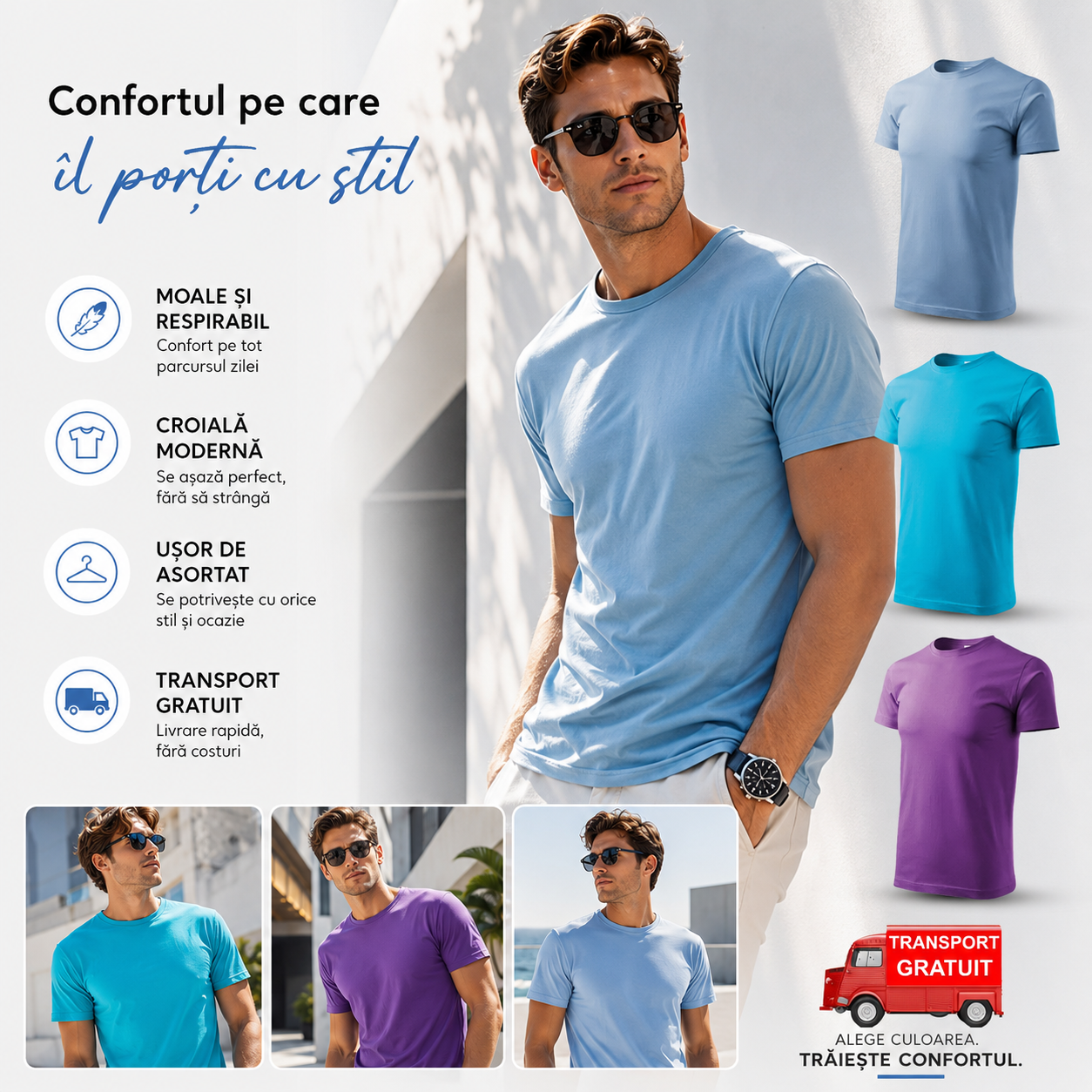 Set 3 tricouri bărbați 100% bumbac regular fit albastru deschis turcoaz și violet